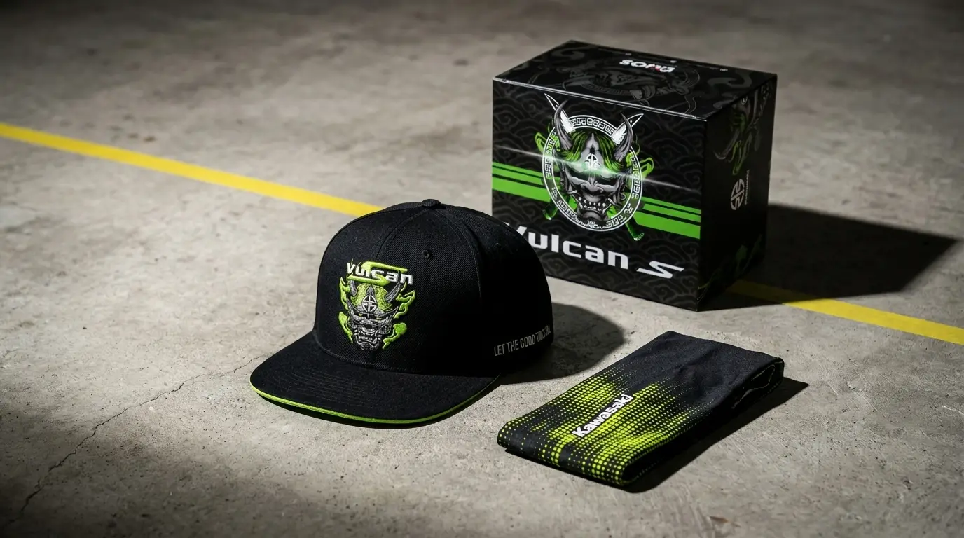 Kawasaki Vulcan rider set — custom cap, hand sleeve and head buff in a designed box, designed by SOS Station