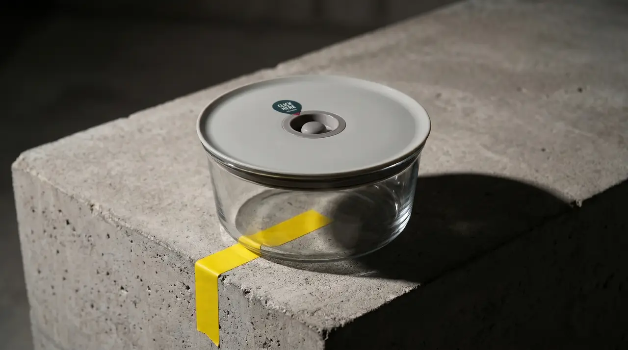 Neoflam CLIK glass container with airtight CLIKvent lid, produced for BRAND'S by SOS Station