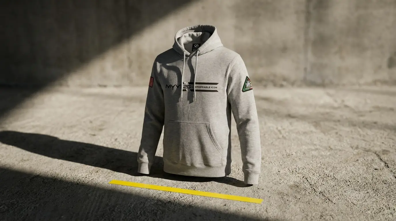 Perodua Myvi 20th-anniversary grey cotton-fleece hoodie with anniversary patch, designed and produced by SOS Station