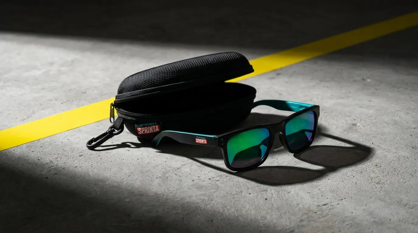 Petronas Sprinta polarized sunglasses with green-mirrored lenses and matching zip case, designed and produced by SOS Station