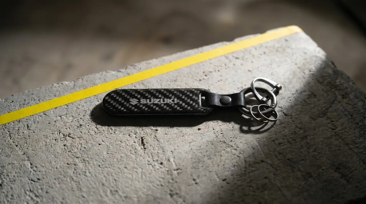 Suzuki carbon-fibre MotoGP keychain with engraved logo, produced by SOS Station