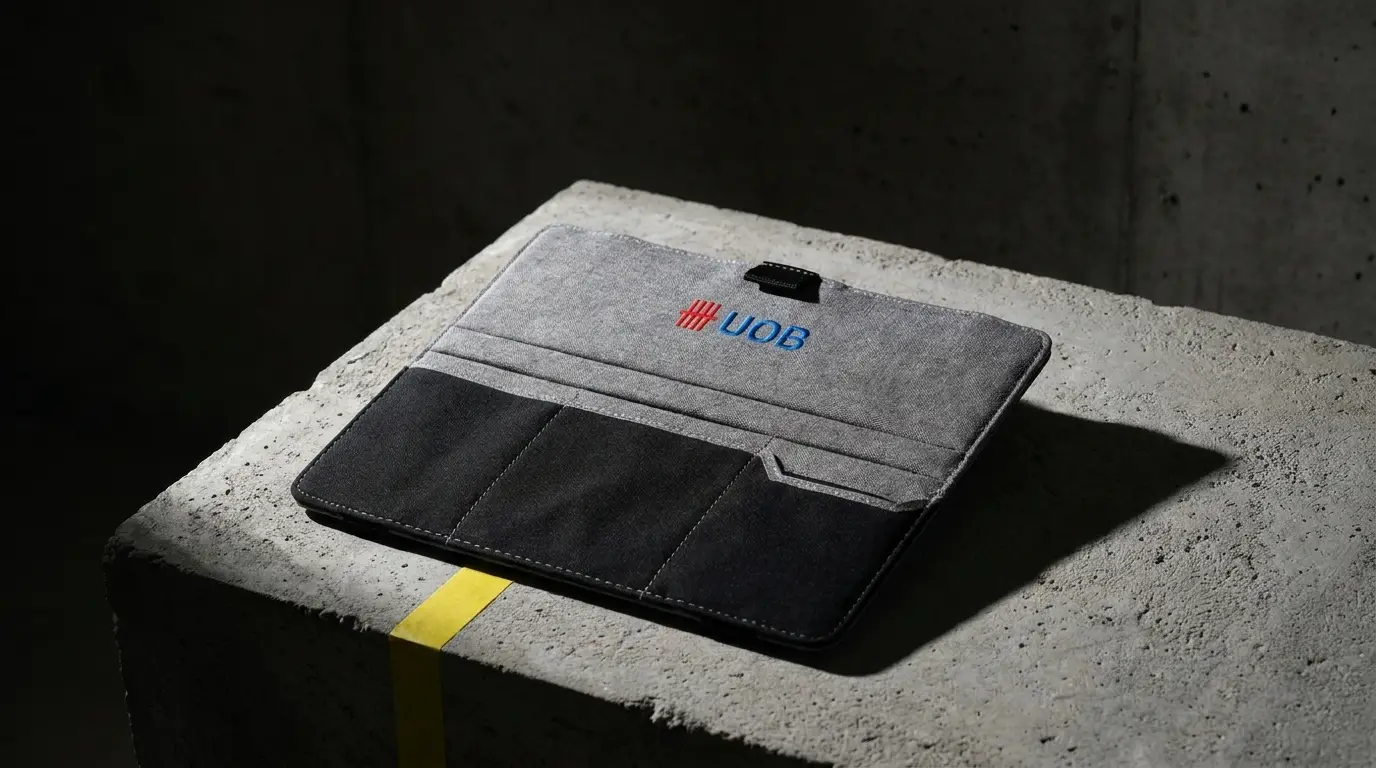 UOB eco-friendly clipboard folder in recycled grey fabric with black front utility pockets and a matching pen, produced by SOS Station